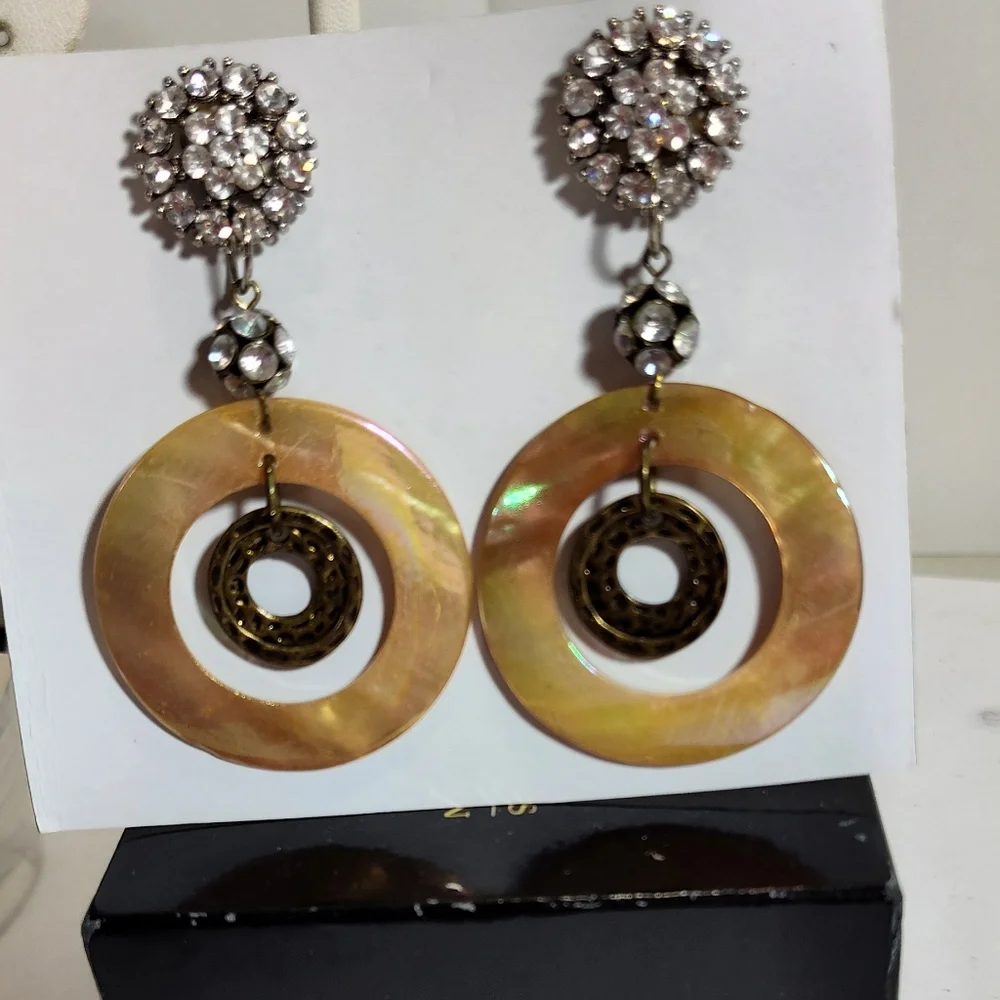 Elegant Gold Shell and Silver Bling Dangle Earrings NWOT